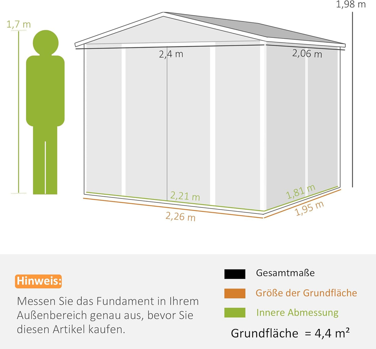 Outsunny Garden Shed 4.4 m2, Garden Shed with Saddle Roof, Sliding Door, Foundation, Easy Assembly, 240 x 206 x 198 cm, Garden Shed Made of Galvanized Steel, Weatherproof, for Garden, Dark Grey - QUORE
