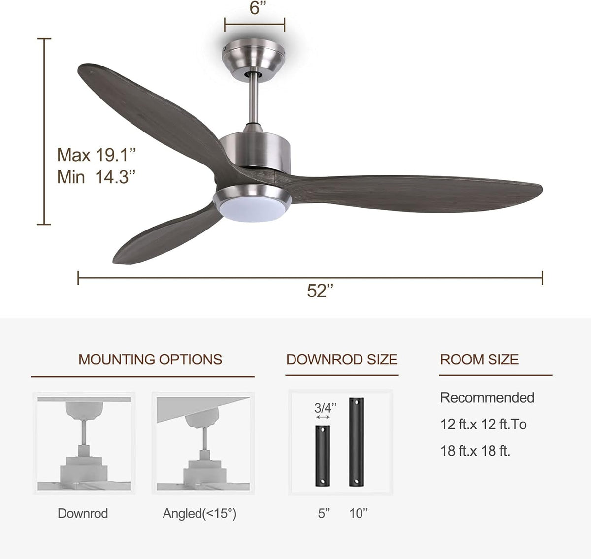 Ovlaim Houten plafondventilator met afstandsbediening met LED Lumiere, 132 cm, 6 snelheden, 2 draairichtingen, ultrastille DC-motor, grijs