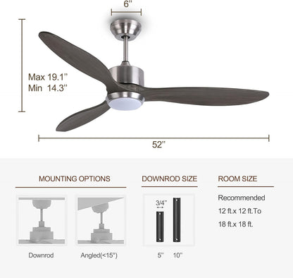 Ovlaim Houten plafondventilator met afstandsbediening met LED Lumiere, 132 cm, 6 snelheden, 2 draairichtingen, ultrastille DC-motor, grijs