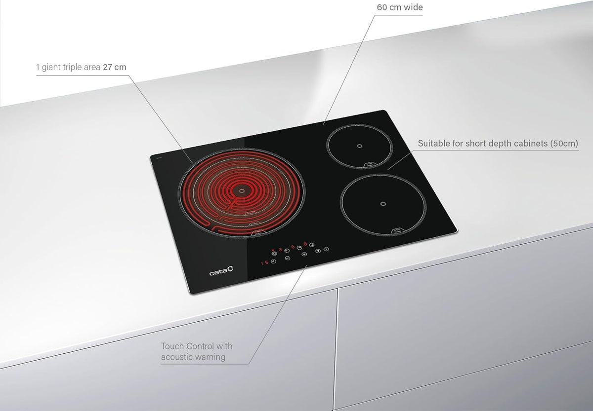 Keramische Kookplaat – Inductiekookplaat – Glaskeramische Kookplaat – Elektrische Kookplaat – Kookplaat Zwart – 3 High Light Zones – 9 Vermogensniveaus – 5,7 kW Vermogen – 60 cm Breedte