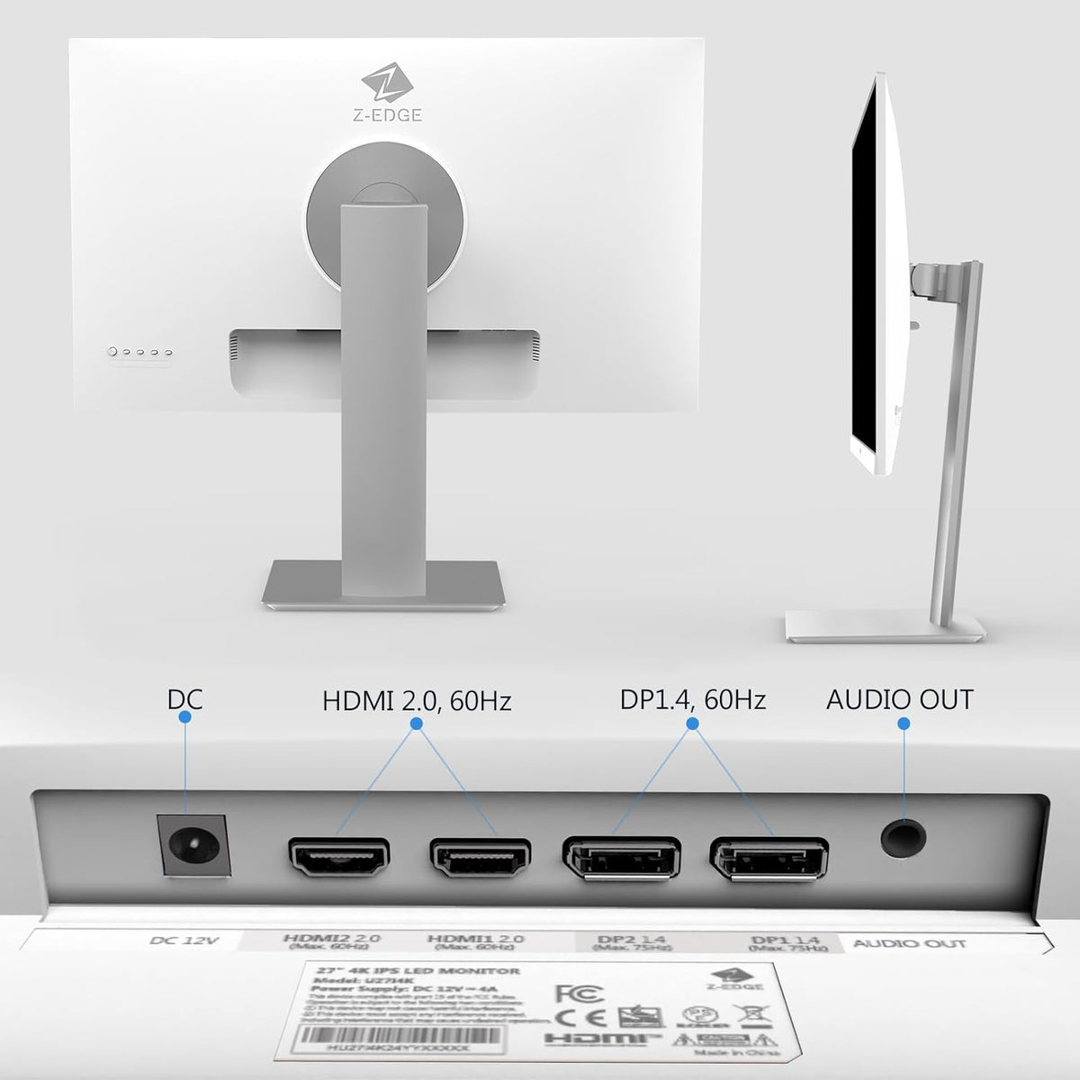 Z-Edge PC Monitor White 27'' IPS 4K UHD (3840x2160), FreeSync, 16:9 Desktop Monitor White, 60Hz, 5ms, 2*HDMI2.0 & 2*DP1.4, Adjustable Standard/Vertical/Horizontal/Rotary (DP Cable Included)