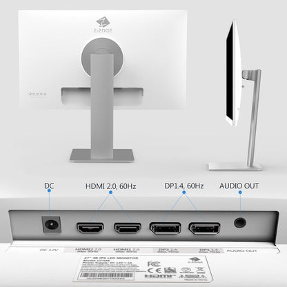 Z-Edge PC Monitor White 27'' IPS 4K UHD (3840x2160), FreeSync, 16:9 Desktop Monitor White, 60Hz, 5ms, 2*HDMI2.0 & 2*DP1.4, Adjustable Standard/Vertical/Horizontal/Rotary (DP Cable Included)