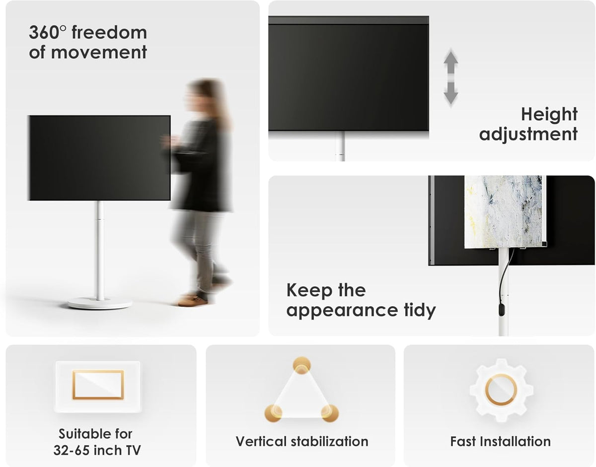 FITUEYES Design tv-standaard, oprolbaar, voor 32-65 inch televisie, mobiele tv-standaard, in hoogte verstelbaar, modern, minimalistisch, voor woning, kantoor, thuis