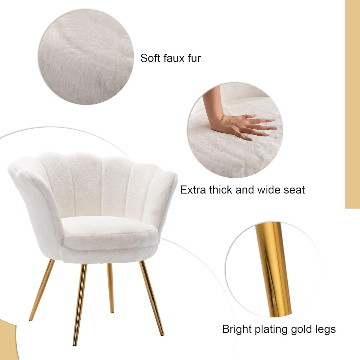 chairus Makeup Table Chair, Teddy Fabric Shell Chair, Armrest Chair, Gold Legs Lounge Chair, Armrest Chair for Living Room, White