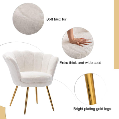 chairus Makeup Table Chair, Teddy Fabric Shell Chair, Armrest Chair, Gold Legs Lounge Chair, Armrest Chair for Living Room, White