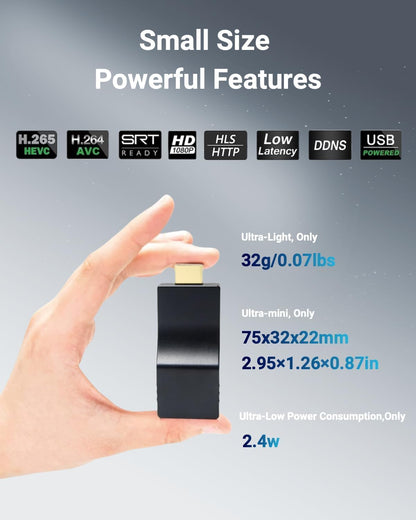 DDMALL HDMI-video-encoder, H.265 H.264 HDMI-encoder voor live streaming 1080p/1080i, draagbaar formaat, stabiele stroom, ondersteuning SRT, HLS, RTMP, RTMPS, RTSP, UDP, TCP, model HEV-2K