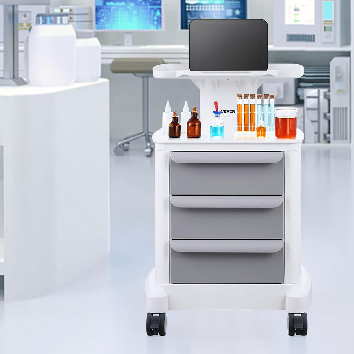 VEVOR Mobiele laboratoriumwagen met 4 niveaus, 3 laden, 1 bovenste plank, ABS-materiaal, 4 stille wielen, voor laboratorium, kliniek, ziekenhuis, woonkamer