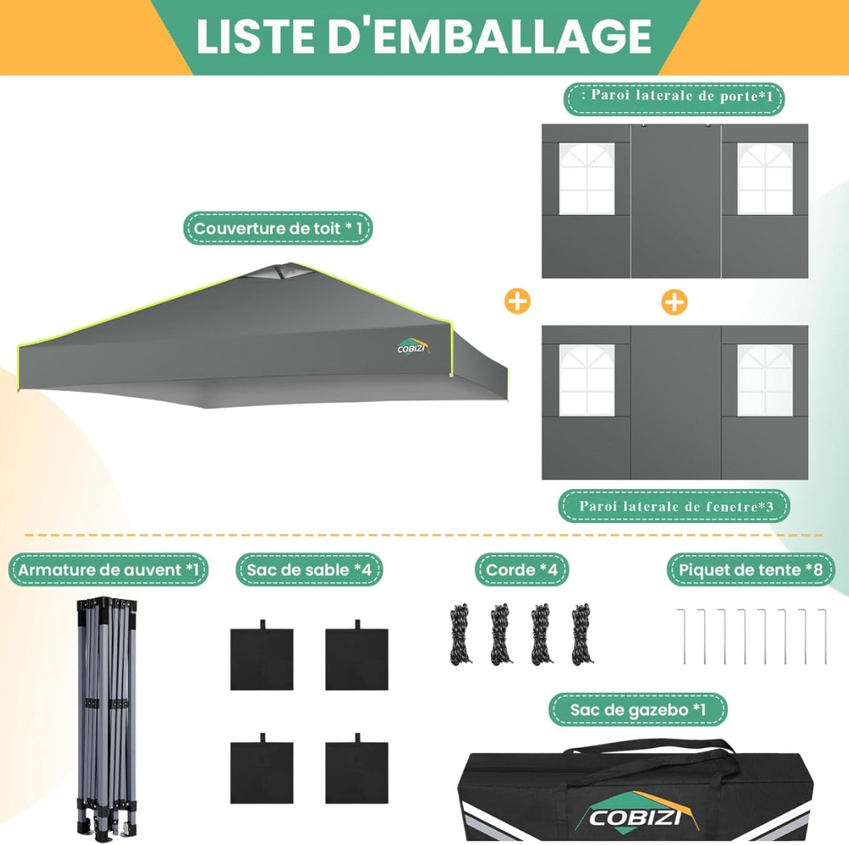 cobizi Paviljoen, 3x3 vouwpaviljoen, waterdicht, winterbestendig, centrale vergrendeling met één knop, partytent, opvouwbaar, anti-uv met fluorescerende strepen, 4 zijwanden, 3 hoogteverstelbaar,