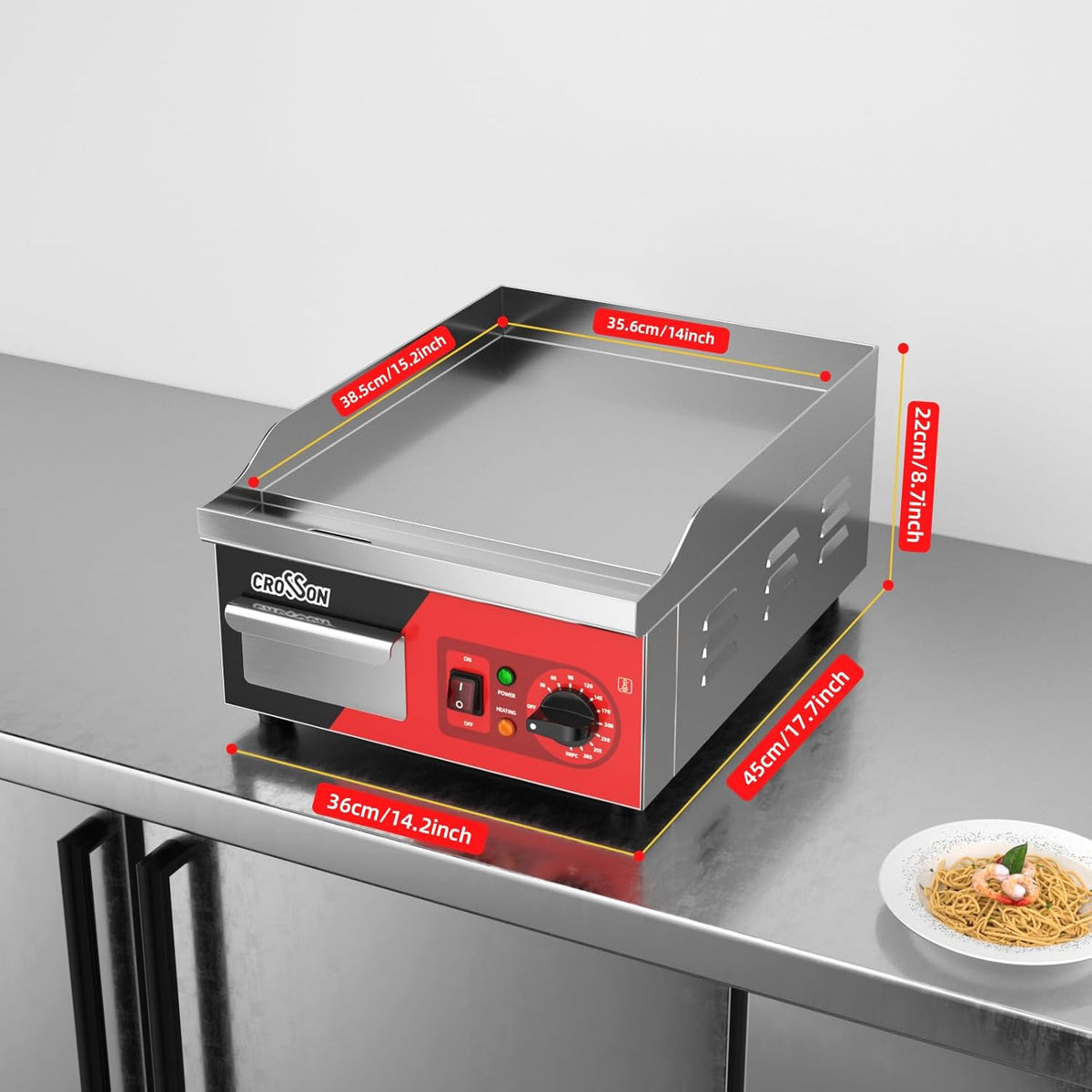 CROSSON Professionele Gastro Grillplaat 2000W,Elektrische Grill van Roestvrij Staal,Glad Oppervlak Kookoppervlak 36 x 40 cm,temperatuur 88-300 °C,Inclusief Spatel