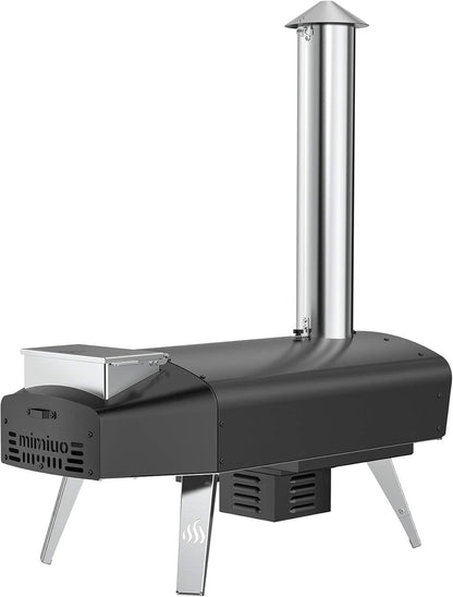 Mimiuo Pizzaoven met schep en pizzasteen, pelletkachel voor pizza met automatisch roterend grillsysteem, zwart (wereldwijd patent)