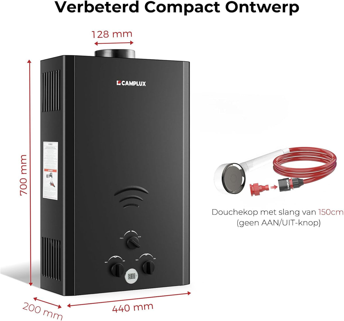 CAMPLUX Gas Boiler 20 L/min Tankless, voor Buitendouche, Camping, Butaan (28-30 mbar)/ Propaan (37 mbar), 40 kW