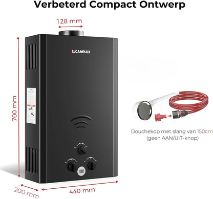 CAMPLUX Gas Boiler 20 L/min Tankless, voor Buitendouche, Camping, Butaan (28-30 mbar)/ Propaan (37 mbar), 40 kW