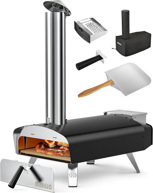 Mimiuo buitenoven op hout en pellets voor in de tuin, klassieke W-oven met zwarte coating, met pizzasteen en opvouwbare pizzaschil.