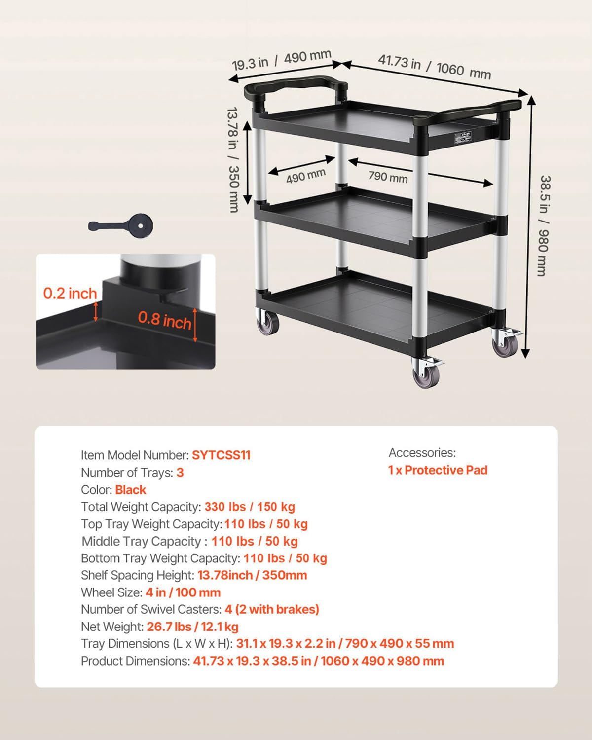 Rolkar 3-Laags – Servicewagen – Serveerwagen – Keukenkar – Transportkar – Kunststof Met Aluminium Frame – 360° Draaibare Wielen Met 2 Remmen