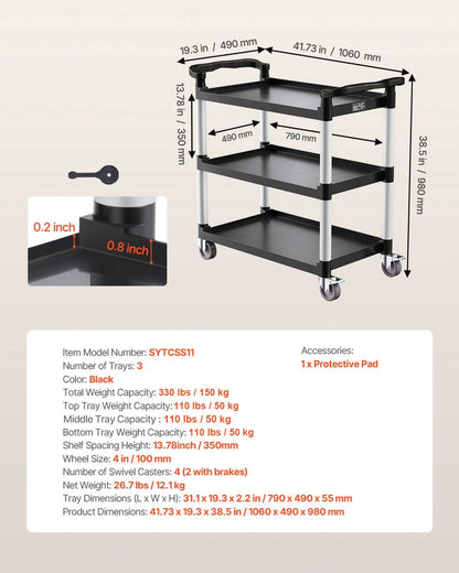 Rolkar 3-Laags – Servicewagen – Serveerwagen – Keukenkar – Transportkar – Kunststof Met Aluminium Frame – 360° Draaibare Wielen Met 2 Remmen