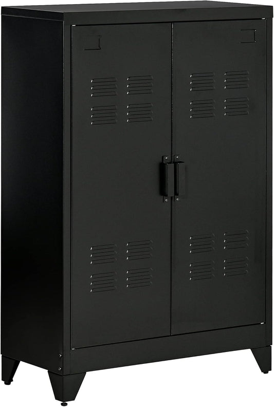 HOMCOM dresser filing cabinet with laminated doors wardrobe storage cabinet industrial metal cabinet with 2 adjustable shelves living room bedroom black 75 x 33 x 110 cm - QUORE