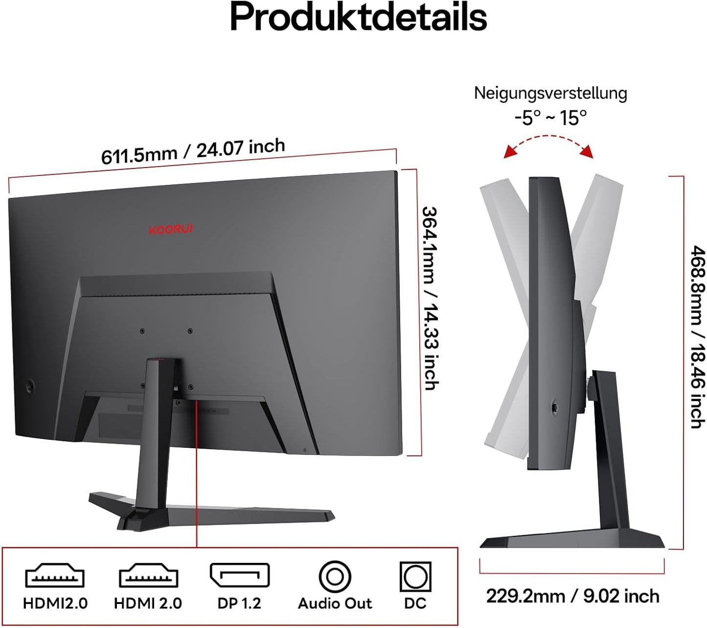 KOORUI 27 Zoll Curved Gaming Monitor 180Hz, 1ms, 1920x1080, FHD, 1500R, Adaptive-Sync, HDR10, VESA, inklusive DP and HDMI Cable - QUORE