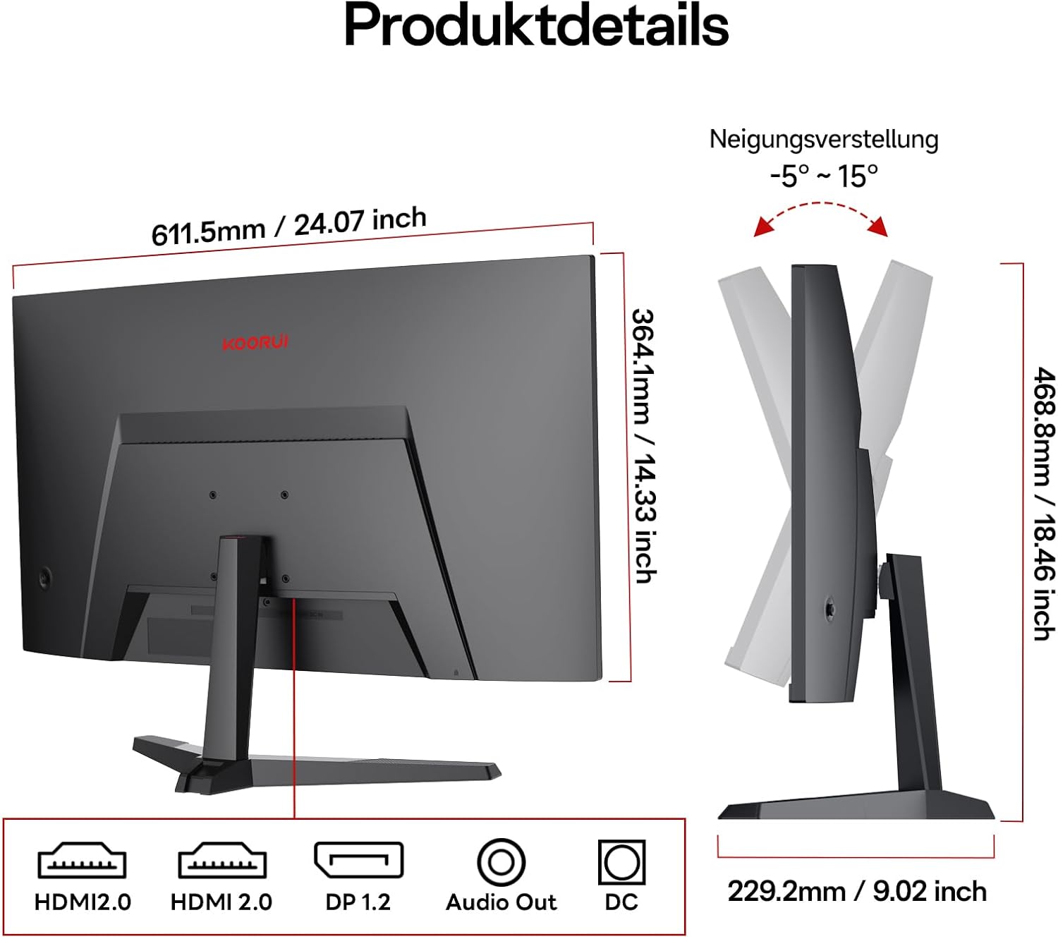 KOORUI 27 Zoll Curved Gaming Monitor 180Hz, 1ms, 1920x1080, FHD, 1500R, Adaptive-Sync, HDR10, VESA, inklusive DP and HDMI Cable - QUORE