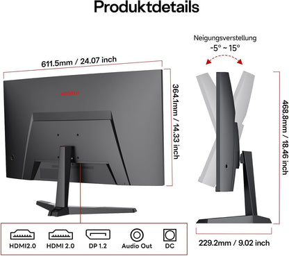 KOORUI 27 Zoll Curved Gaming Monitor 180Hz, 1ms, 1920x1080, FHD, 1500R, Adaptive-Sync, HDR10, VESA, inklusive DP and HDMI Cable - QUORE