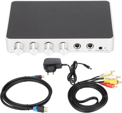 Karaoke-mixerversterker, HDMI-mixer 4K 1080P Karaoke-mixermicrofoonversterker Instelbaar Geluid, met HDMI AV 3.5-geluidsmicrofoon, voor Android TV-boxen, Dvd-spelers(EU)