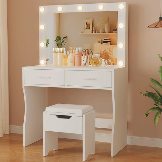JUMMICO Grote kaptafel met ledverlichting en spiegel, 74 x 52 cm, instelbare helderheid en kleurtemperatuur, make-uptafel met 11 ledgloeilampen, wit
