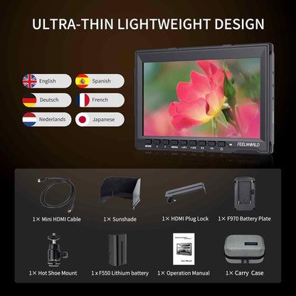 FEELWORLD FW759 7 Inch Camera Veldmonitor 1280x800 IPS Camera Monitor met 4 HDMI Ingangen/Uitgangen,Video Peaking Focus Assist,178° Groothoek,Inclusief Oplaadbare F550 Batterij en Tas
