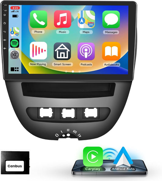 Draadloze CarPlay autoradio voor Citroen C1/Toyota Aygo/Peugeot 107, Podofo 10,1-inch touchscreen Android met draadloze Android Auto, Bluetooth/GPS/WiFi/FM/RDS/HiFi/USB/stuurwielbediening