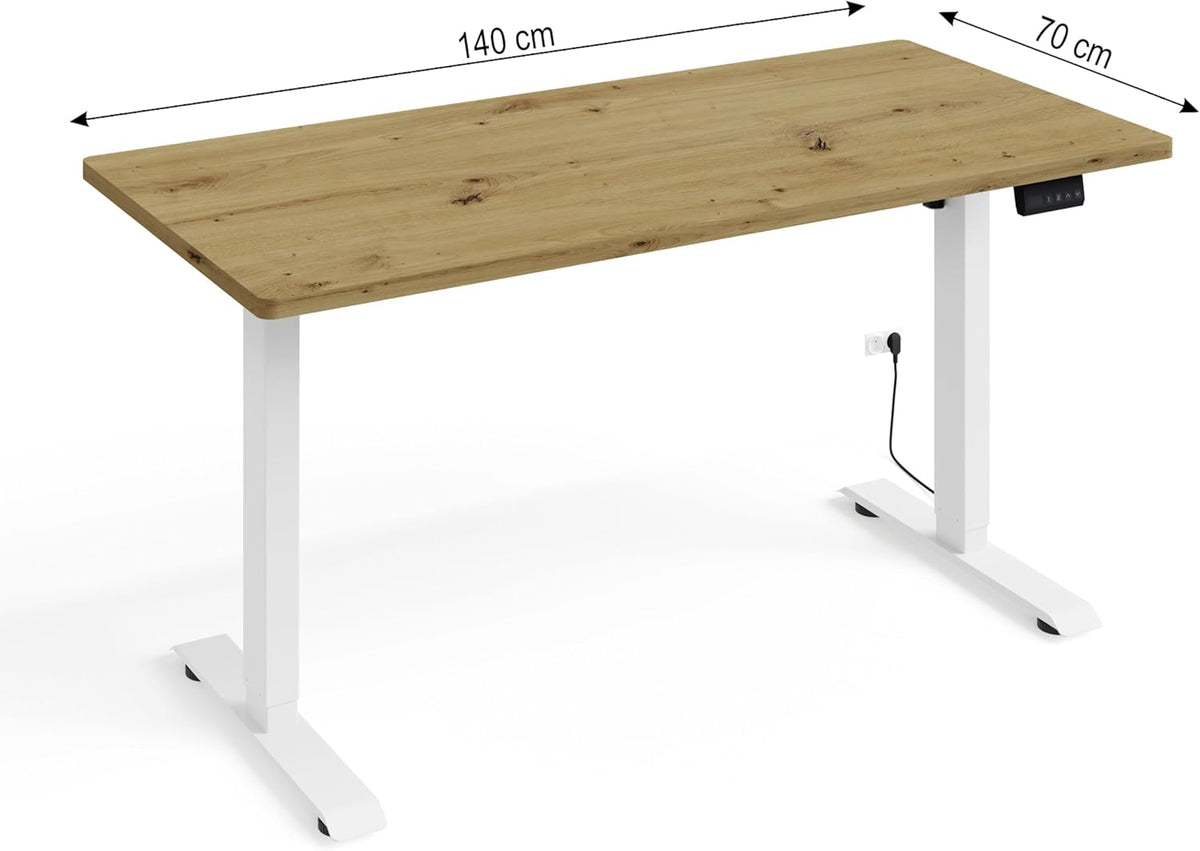 Homlando BiMotion 1S Desk Height Adjustable Electric Ergonomic Standing Desk for Home Office 140 x 70 cm Oak Artisan/White Frame - QUORE