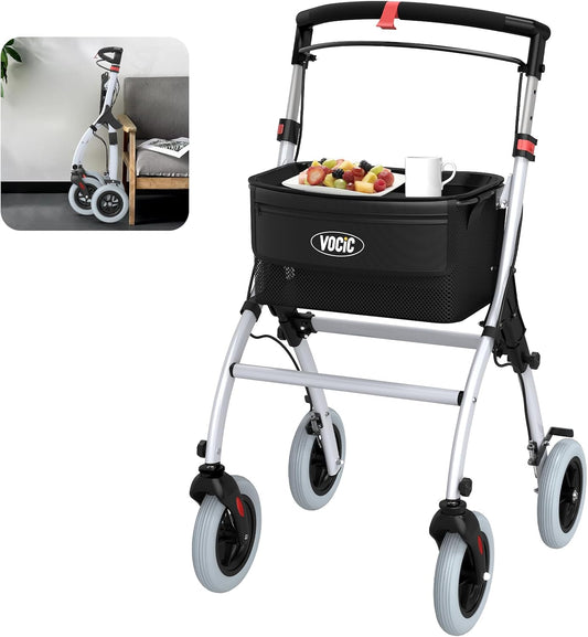 VOCIC Z32 Rollator Slim voor thuis, binnenrollator Opvouwbaar en lichtgewicht, stabiele rollator voor thuis antislipbanden, rollators voor senioren Opvouwbare lade, wit | 5 jaar garantie