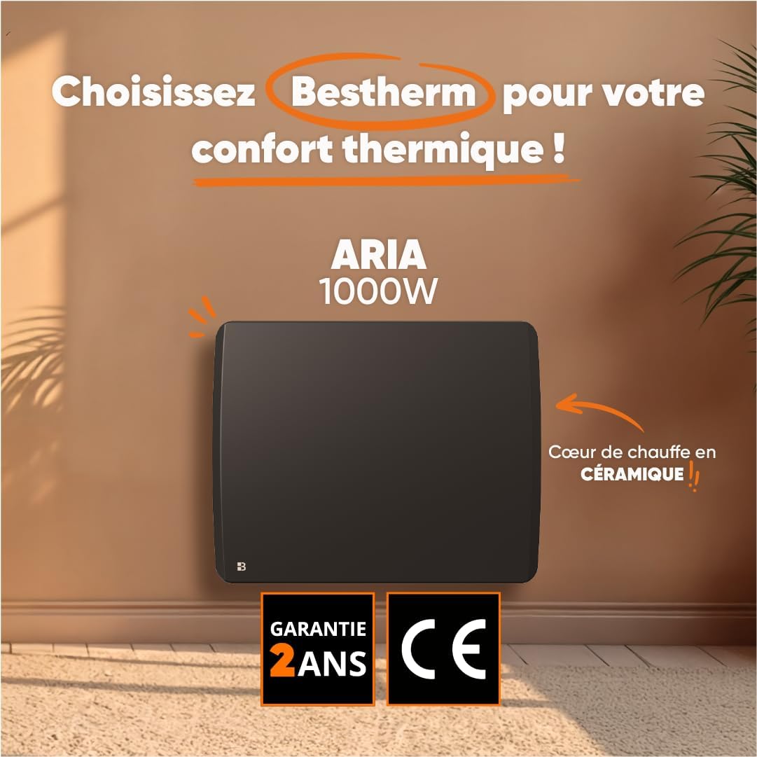 BESTHERM - Bestherm ARIA 1000W Elektrische Verwarming, Keramische Droge Inertie Vaste Radiator, Zwart