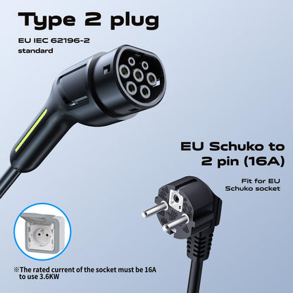 EV Oplader Type 2 – Elektrische Autolader – Oplaadkabel EV – Mobiele Laden – Laadstation 3,6 kW – Instelbare Stroom 8-16A – Waterdicht IP65 – 5 Meter Kabel met EU Schuko