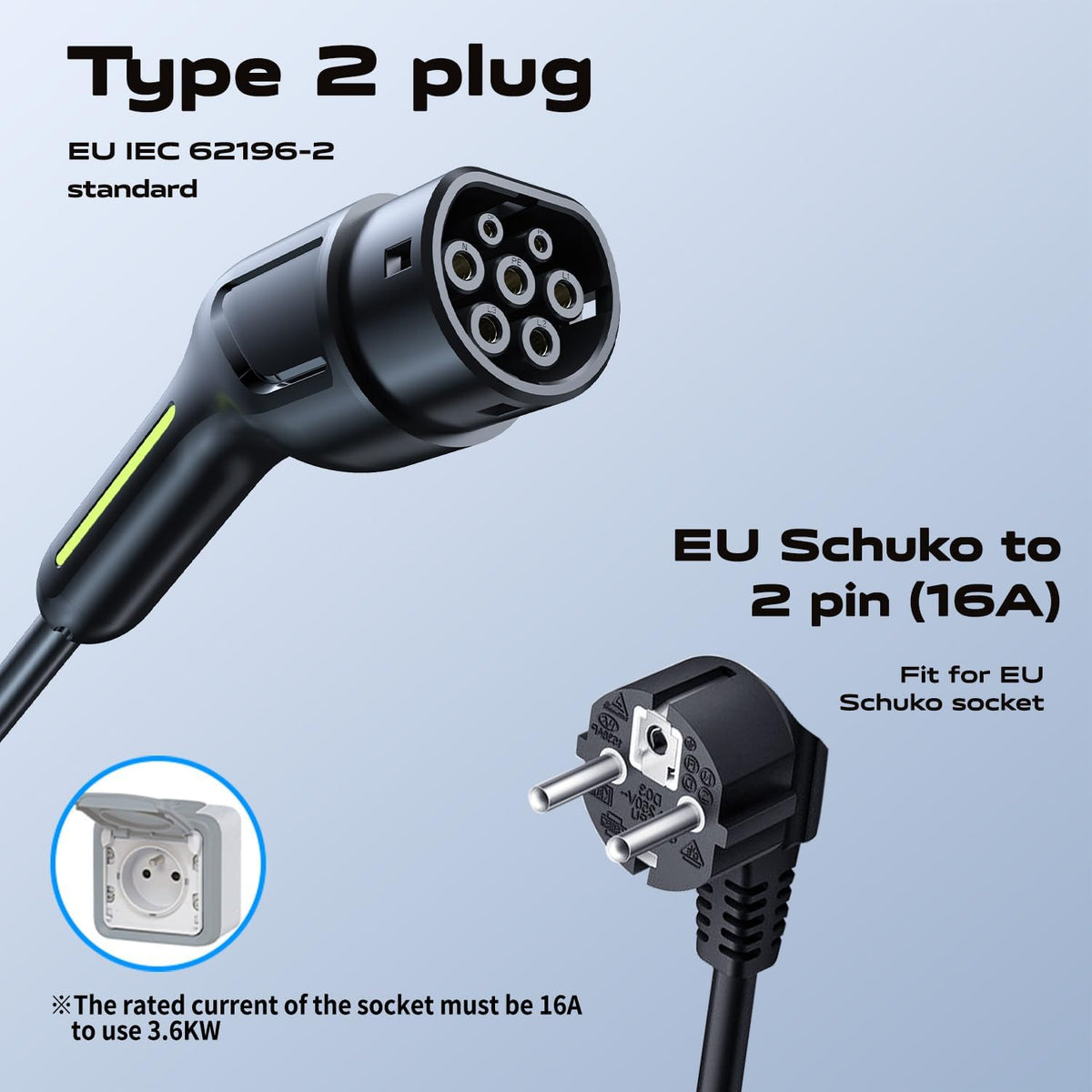 EV Oplader Type 2 – Elektrische Autolader – Laadkabel EV – Portable Oplader – EV Charger – 16 A 3,6 kW – Programmeerbaar Opladen & 5 Meter Kabel
