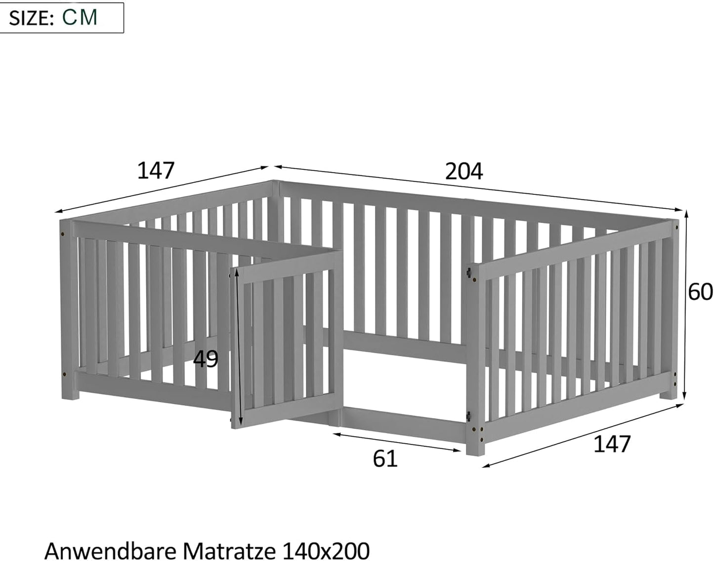 Bedframe Kinderbed - Peuterbed - Vloerbed - Kinderbox - Inclusief Uitvalhekje - Kinderkamer - Multiplex -  140 x 200 x 60 cm - Grijs