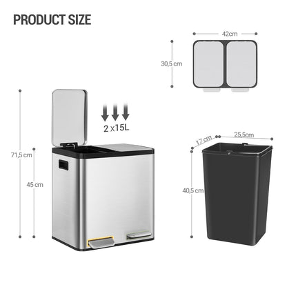 Hzuaneri Trash Bin, Kitchen Pedal Bin (2 x 15 L), Stainless Steel Waste Sorting System with Coloured Pedal, Removable Inner, Suitable for Kitchens, Silent Slow Closure of Lid, Silver