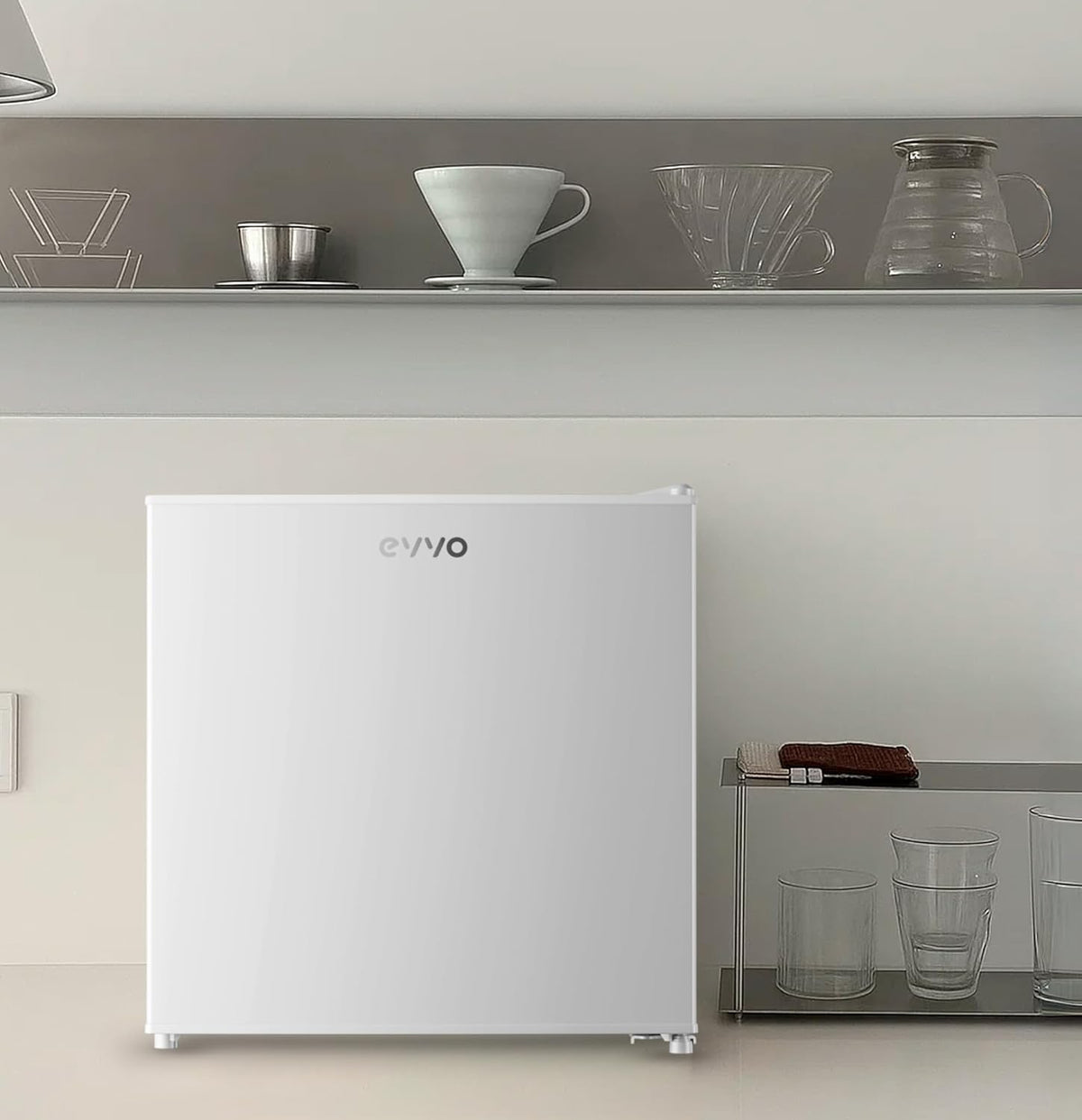 EVVO Mini-koelkast F22, 46 l, wit, energiebesparend 80 kWh/jaar, 41 dB, compact 48,5 cm, ideaal voor slaapkamer, kantoor en studio, stille mini-koelkast voor dranken en snacks