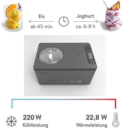Springlane Kitchen Elisa ijsmachine & yoghurtmaker 2,0 L met zelfkoelende compressor 220 W, van roestvrij staal met koel- en verwarmingsfunctie (Elisa Antraciet, ijsmachine)