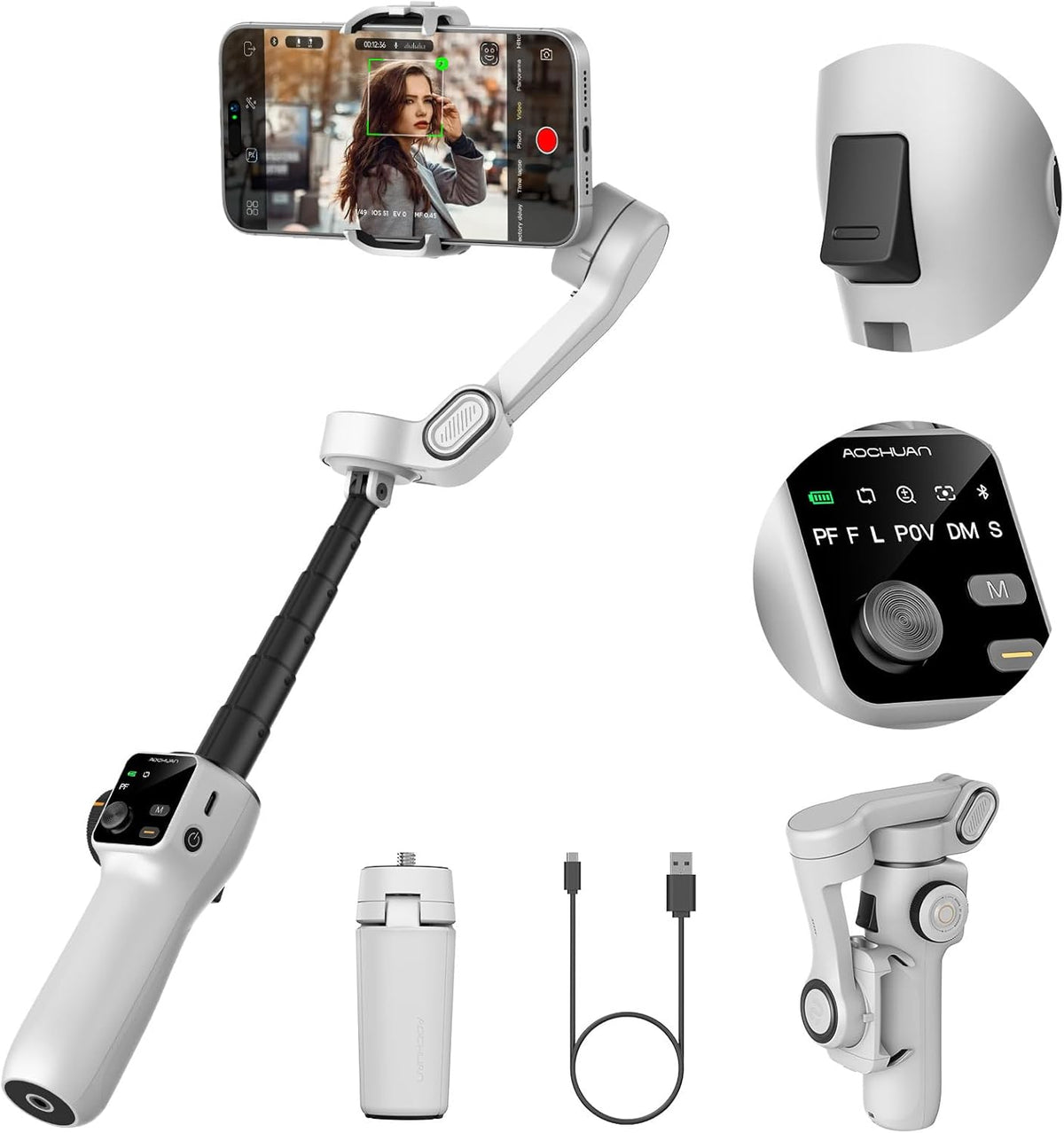 AOCHUAN Mobiele telefoongimbal voor video-opname w/AI Tracking,3-as Vlogging gimbal stabilisator voor iphone w/OLED-display, Smartphone Gimbal w/7.8 ' verlengstang, triggerknop Smart V8 (wit)