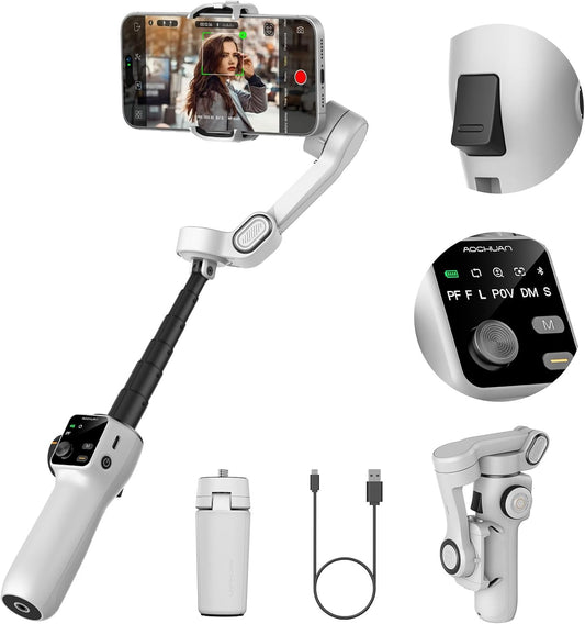 AOCHUAN Mobiele telefoongimbal voor video-opname w/AI Tracking,3-as Vlogging gimbal stabilisator voor iphone w/OLED-display, Smartphone Gimbal w/7.8 ' verlengstang, triggerknop Smart V8 (wit)