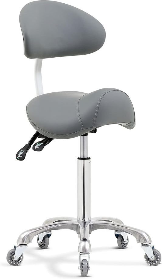 Zadelkruk Rolling Stoel met Rugsteun, Schoonheidsspecialiste Tattoo Tandkruk Stoel, Lash Stoelen voor Wimper Tech Massage Salon (Grijs, met Rugleuning)