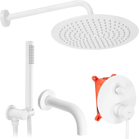 Inbouw Douche- En Badkraansysteem – Regendouche – Douche Set – Badkraan – Handdouche – 25x25 cm Regendouche – Wit Met Messing