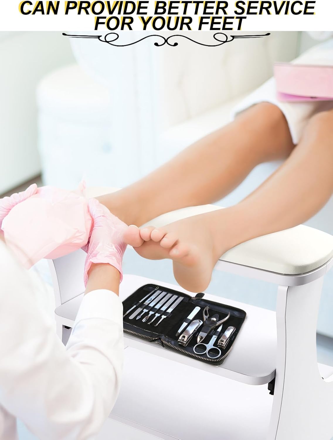 Pedicure voetsteun met wielen Wit – Voetenbankje – Manicure voetensteun – Voetrust – Pedicurehulp – 3-laags ontwerp met opbergruimte – 4 zwenkwielen met rem