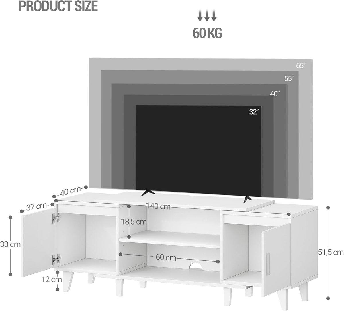 Hzuaneri TV Cabinet, TV Table, Suitable for TVs Under 44.5 cm, TV Cabinet with 2 Cabinets and 2 Open Areas, 40 x 140 x 51.5 cm, for Living Room, Bedroom, Dining Room, White TV16703E