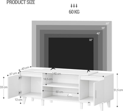 Hzuaneri TV Cabinet, TV Table, Suitable for TVs Under 44.5 cm, TV Cabinet with 2 Cabinets and 2 Open Areas, 40 x 140 x 51.5 cm, for Living Room, Bedroom, Dining Room, White TV16703E
