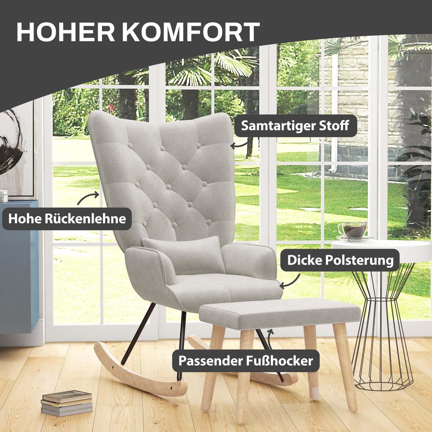 Schommelstoel – Relaxstoel – Fauteuil – Voedingsstoel – Loungestoel – Fluweel Bekleed – Hoge Rugleuning – Max. 150 kg – Inclusief Voetenbank – Crème Wit