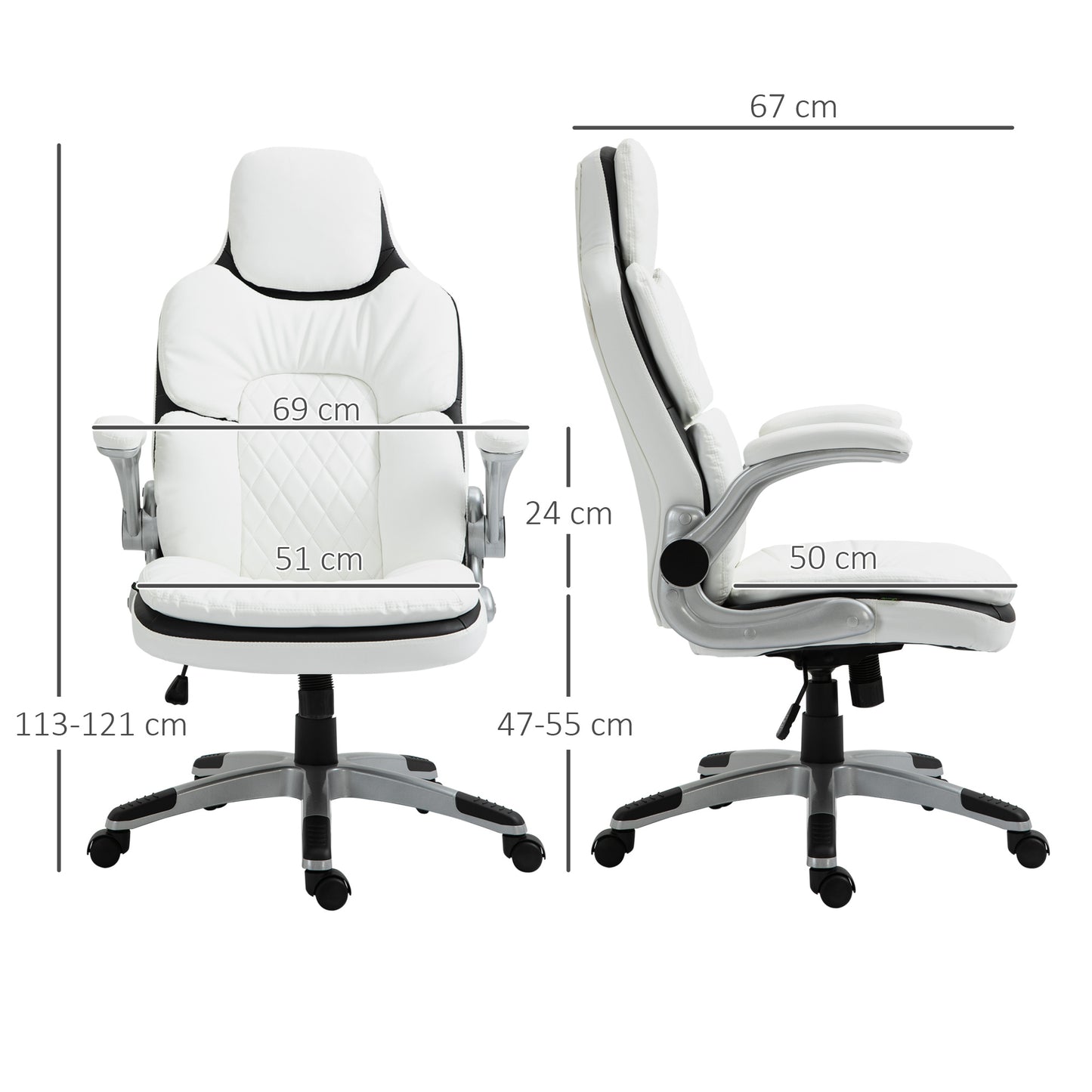 Ergonomische Bureaustoel – Bureaustoel – Kantoorstoel – Werkstoel – Desk Chair – Verstelbare Hoogte – Inklapbare Armleuningen – Kantelbare Rugleuning – Gevoerd PU-Leder – Wit