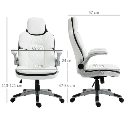 Ergonomische Bureaustoel – Bureaustoel – Kantoorstoel – Werkstoel – Desk Chair – Verstelbare Hoogte – Inklapbare Armleuningen – Kantelbare Rugleuning – Gevoerd PU-Leder – Wit