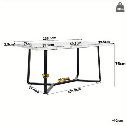 Eettafel – Dinertafel – Tafel – Eetkamertafel – Woonkamertafel – Marmeren MDF Blad – Zwarte Metalen Poten – 138x75x76cm – Klassiek Stijl – Zonder Montage