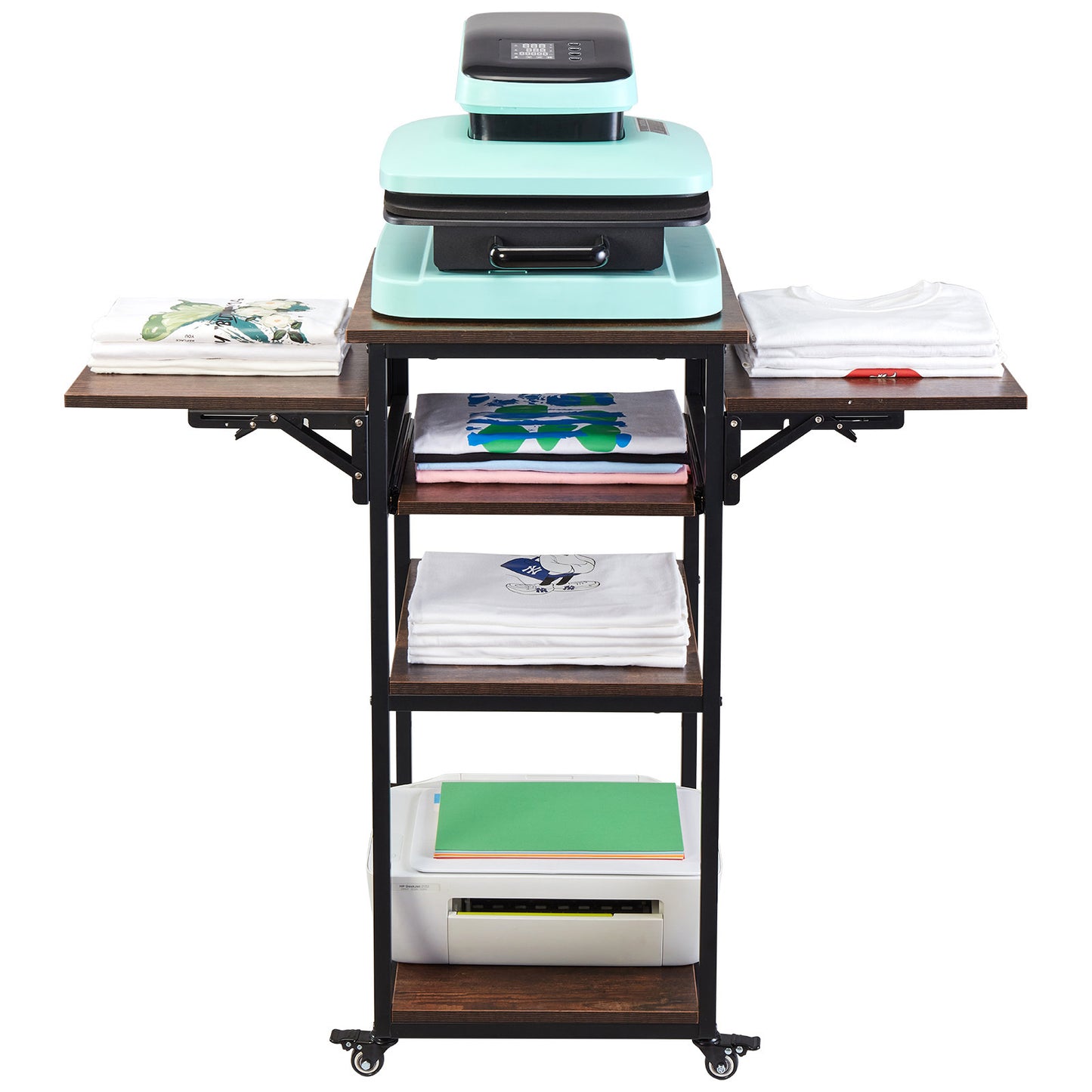 Transferpers Werktafel – Hittepers Meubel – Warmte Pers Tafel – Heat Press Stand – Met Oplaadstation – Vierlaagse Opbergruimte – Mobiel Met Wieltjes