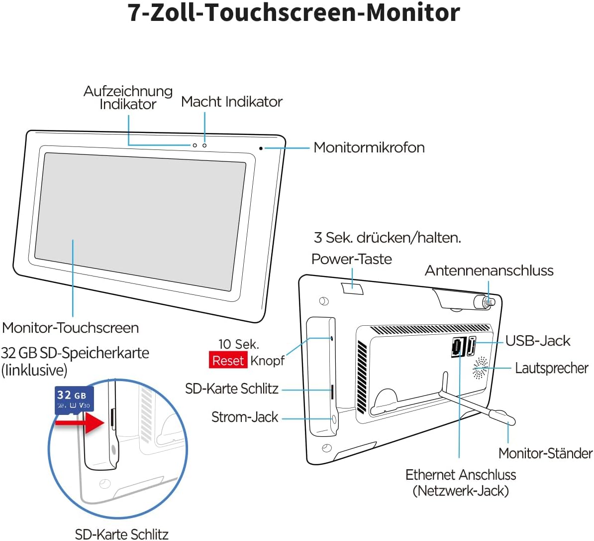 SecuFirst Bewakingscamera voor buiten, kit met binnenmonitor, 7-inch touchscreen, 2TB uitbreidbaar geheugen, zonder wifi, 2K camerabewaking, 32GB lokaal geheugen.