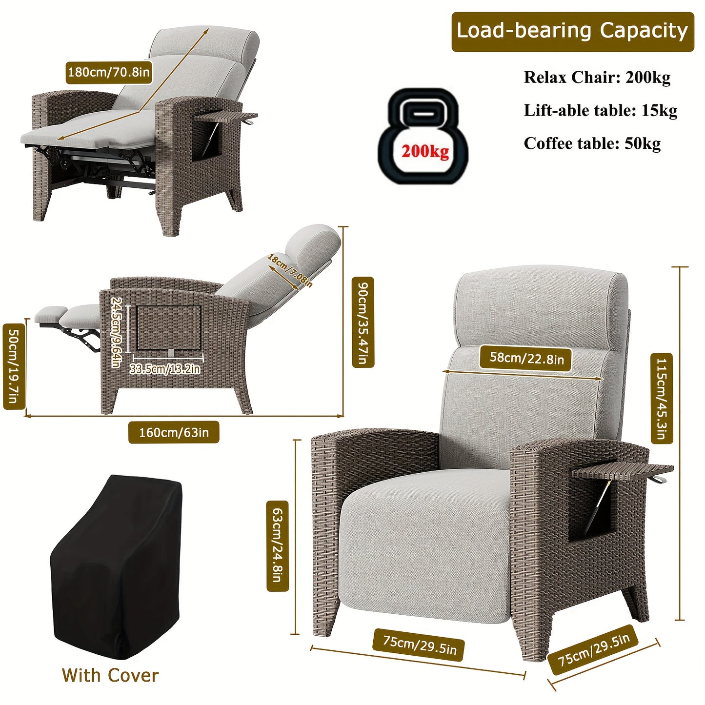 Ligbed – Lounger – Zonnebed – Ligstoel – Tuinstoel – Verstelbare Rugleuning 95°-165° – Inclusief Inklapbare Zijtafel en Dust Cover
